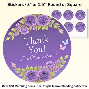 Thank You! Bride, Groom Names Purple Mauve Flowers Classic Round Sticker