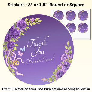 Thank You Bride, Groom Names Purple Mauve Flowers  Classic Round Sticker
