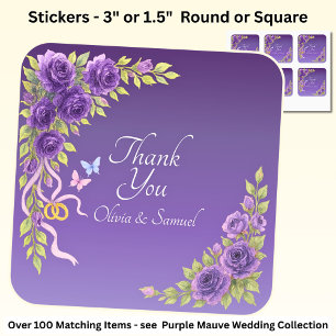 Thank You Bride, Groom Names Purple Mauve Flowers  Square Sticker