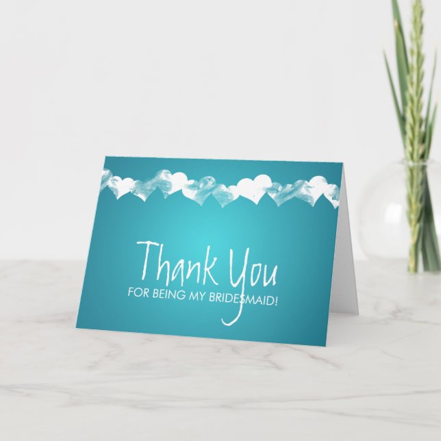 Thank You Bridesmaid Grunge Hearts Turquoise Card (Front)