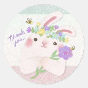 Thank You: Bunny with Flowers Illustration Classic Round Sticker