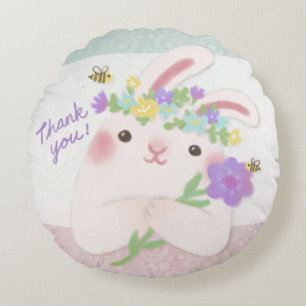 Thank You: Bunny with Flowers Illustration Round Cushion
