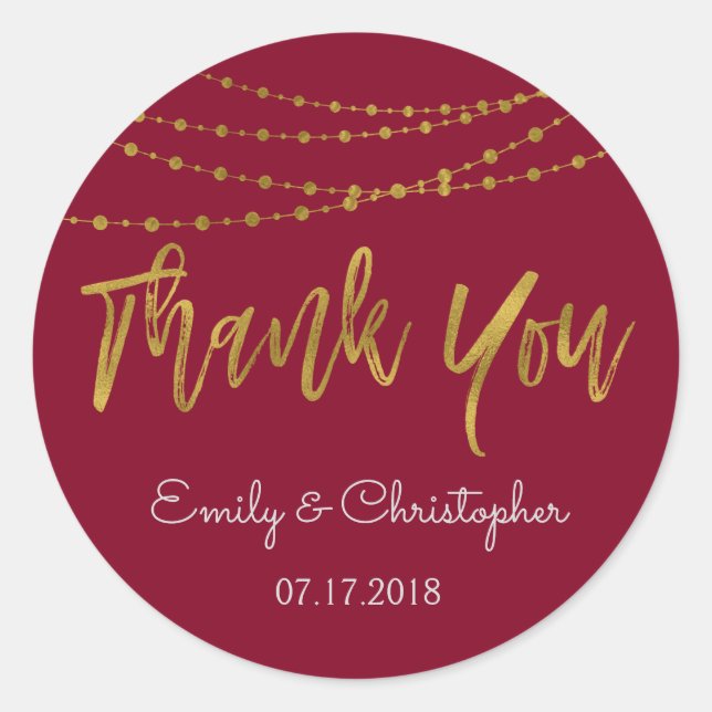 Thank You Burgundy and Gold Foil String Lights Classic Round Sticker (Front)