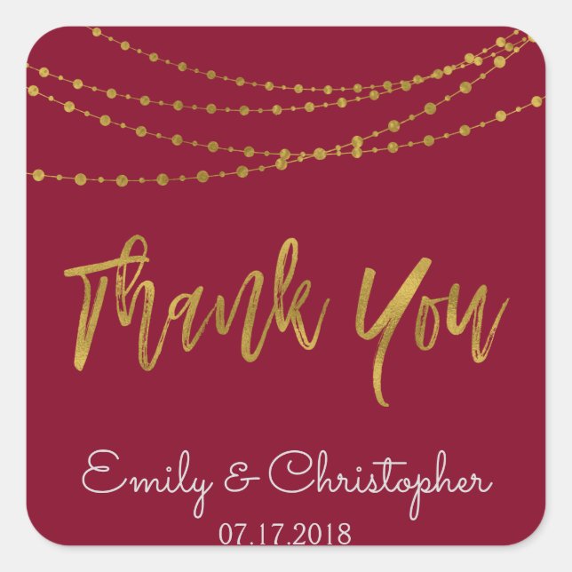 Thank You Burgundy and Gold Foil String Lights Square Sticker (Front)