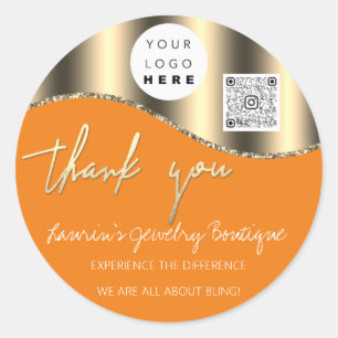 Thank You Business Name Logo Qr Code Gold Orange Classic Round Sticker