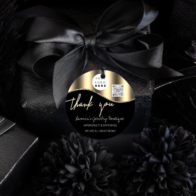 Thank You Business Name Logo Qr Code Golden Black Classic Round Sticker (Creator Uploaded)