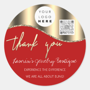 Thank You Business Name Logo Qr Code Red Gold  Classic Round Sticker