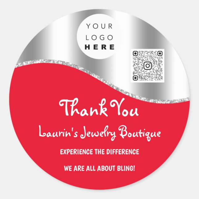 Thank You Business Name Logo Qr Code Red Silver  Classic Round Sticker (Front)