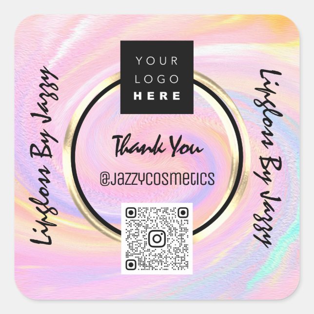 Thank You Business QR Code Logo Pink Holographic Square Sticker (Front)