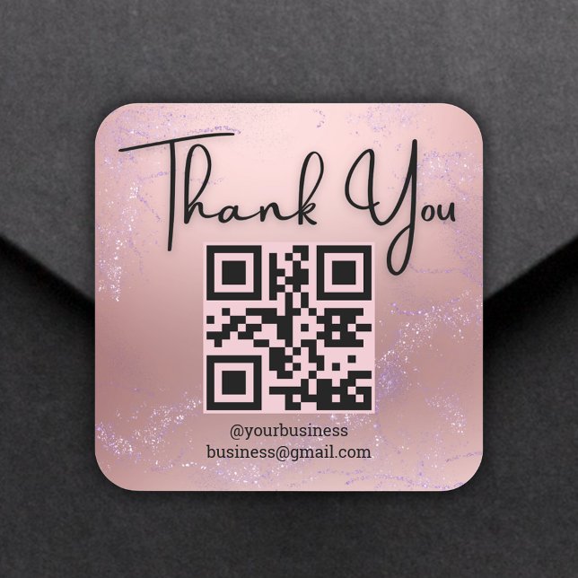 thank you business qr code pink metallic glitters square sticker (Creator Uploaded)