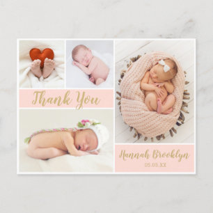 Thank You Calligraphy 4 Photo Collage Birth Announcement Postcard