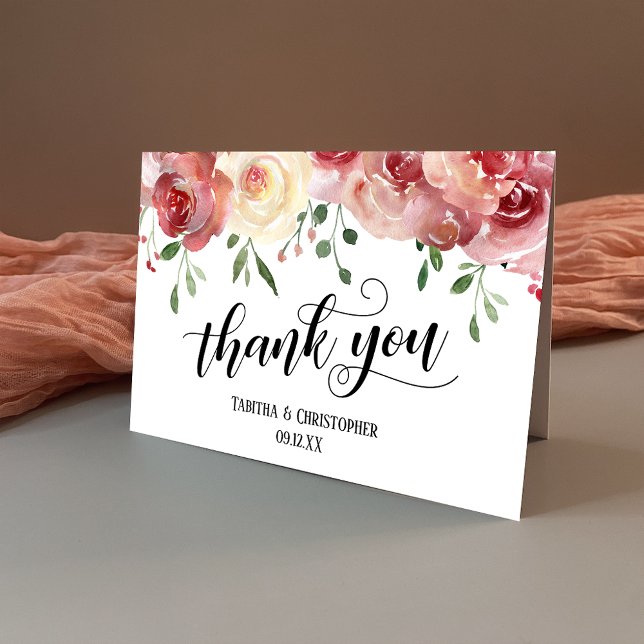 Thank You Calligraphy, Burgundy, Blush Roses Card (Creator Uploaded)