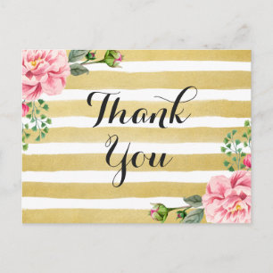 Thank You Calligraphy Script Floral Gold Stripes Postcard