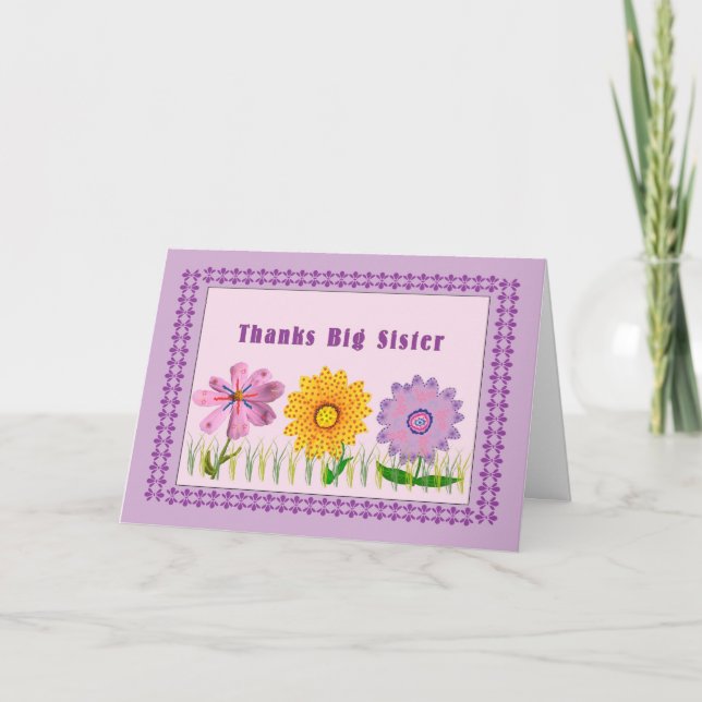 Thank You Card, Big Sister, Hand Painted Flowers Card (Front)