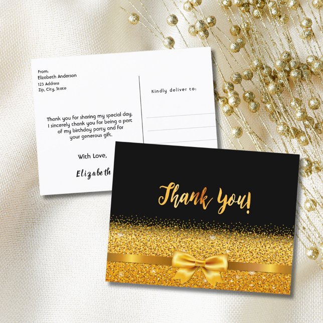 Thank you card birthday black gold bow (Creator Uploaded)
