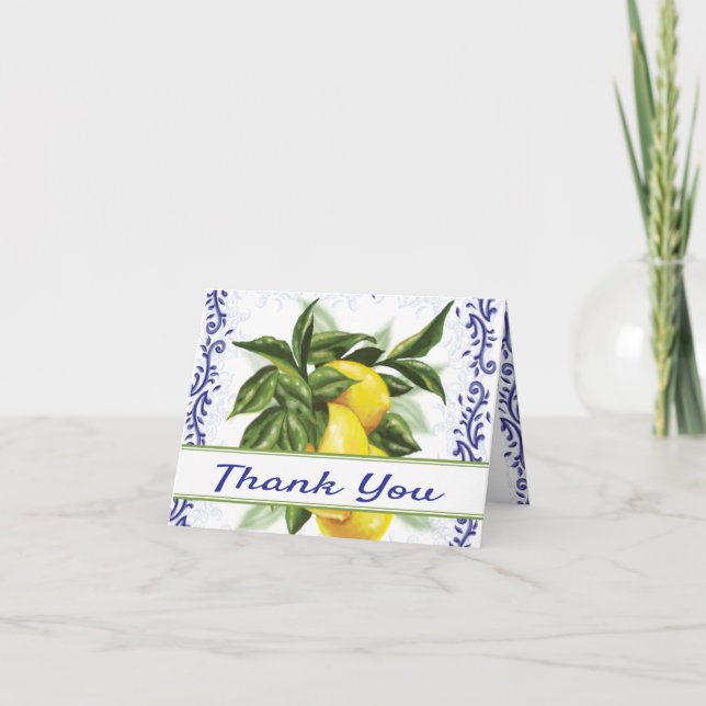 Thank You Card Blue Toile Lemons Customised (Front)