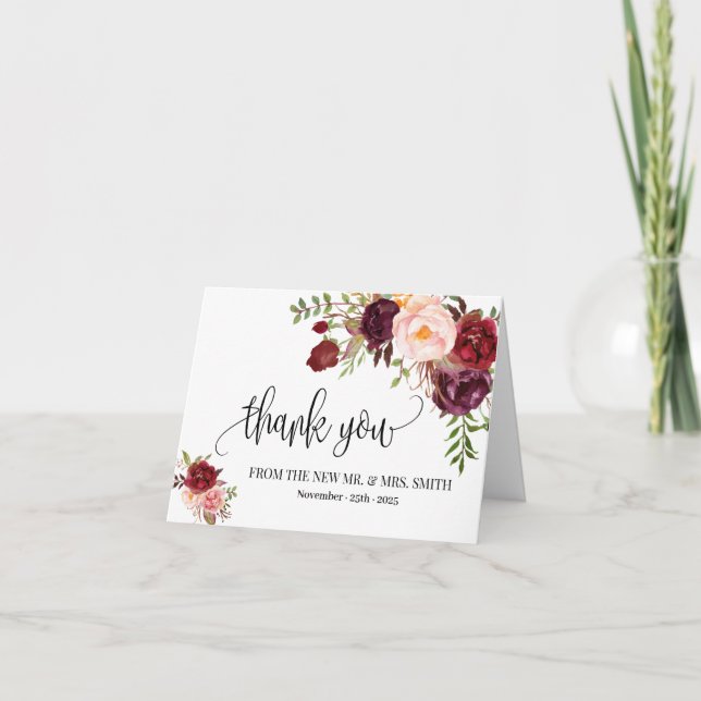 Thank you card boho marsala floral wedding folded (Front)