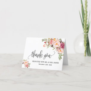 Thank you card boho pink floral wedding folded