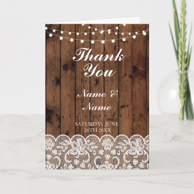 Thank You Card Bridal Lace Wood Wedding Engagement (Front)