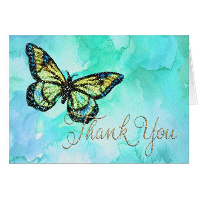 Thank You Card Butterfly Turquoise Watercolor (Front Horizontal)