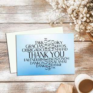 Thank You Card Different Languages Blue Watercolor