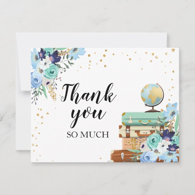 Thank you card Flowers Miss to Mrs Travel Blue (Front)