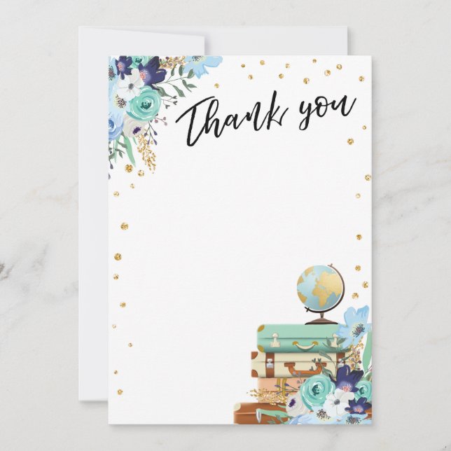 Thank you card Flowers Miss to Mrs Travel Blue (Front)