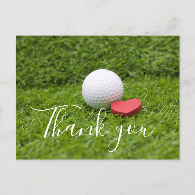 Thank you card for golfer with golf ball & love (Front)