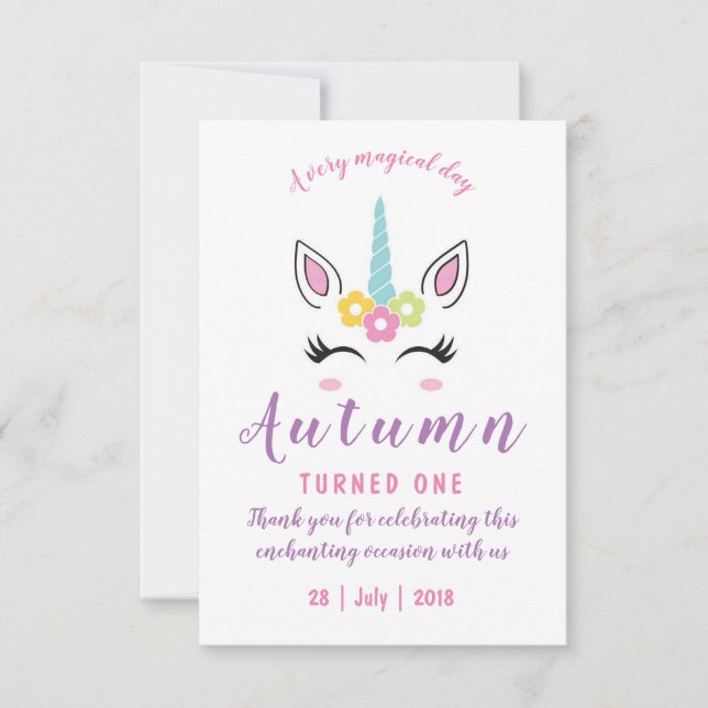 Thank you card for Magical Unicorn Birthday (Front)
