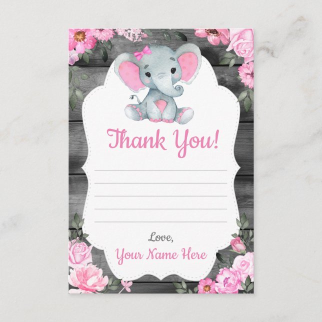 Thank You Card Girl Elephant Shower Flowers Rustic (Front)