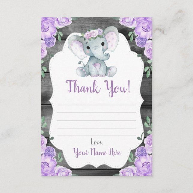 Thank You Card Girl Elephant Shower Flowers Rustic (Front)