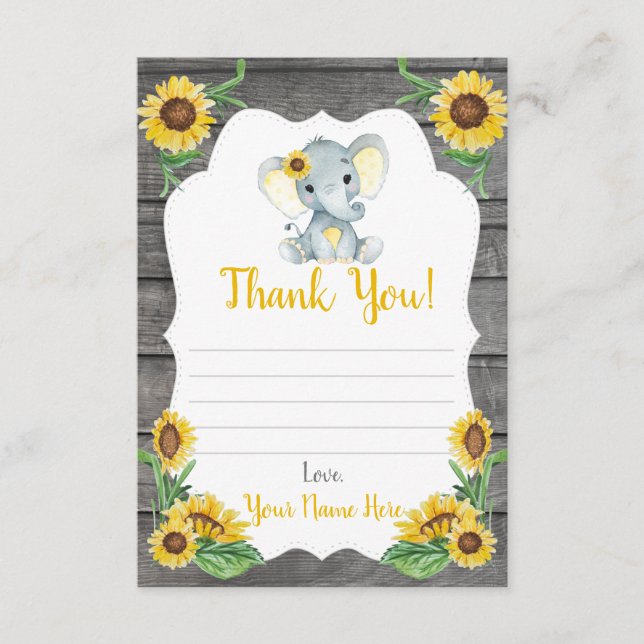 Thank You Card Girl Elephant Shower, Sunflowers (Front)