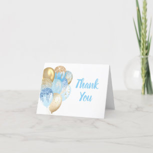 Thank You Card Gold Glitter Blue Balloons Baby Boy