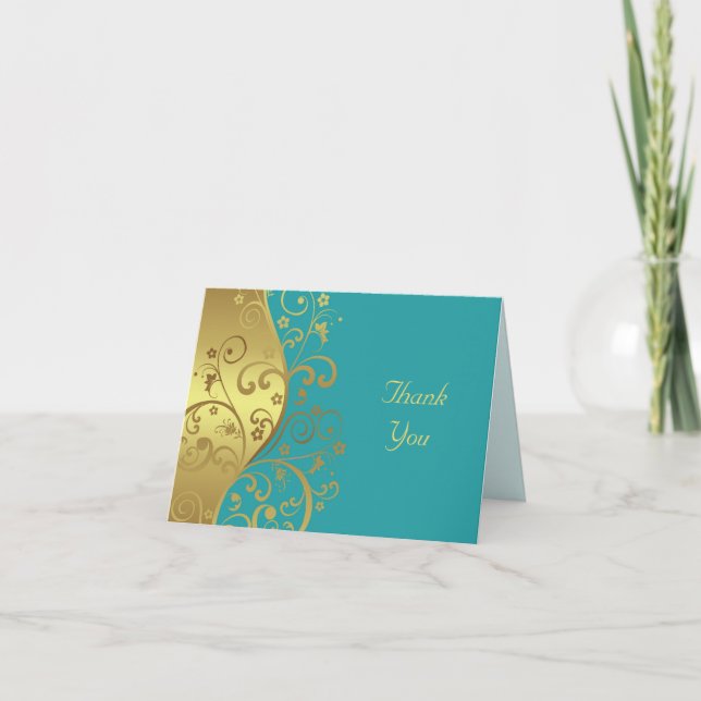 Thank You Card--Gold Swirls & Teal Card (Front)