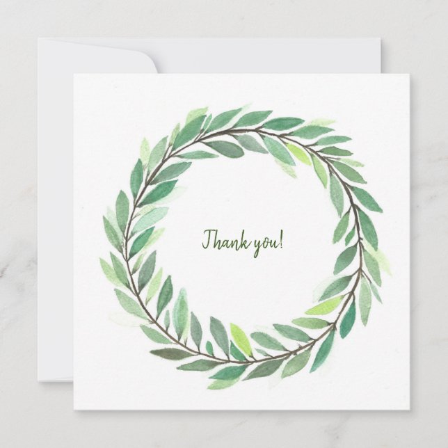 Thank you card hand-painted green leaves wreath (Front)