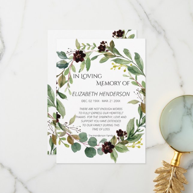 Thank you card in memory of sympathy. (Front/Back In Situ)