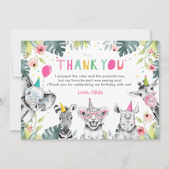 Thank You Card Party Animals Girl Safari Birthday (Front)
