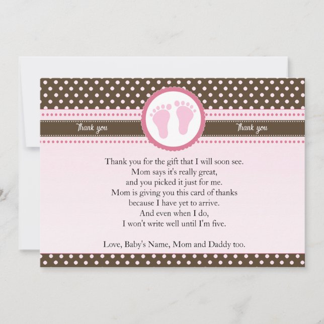 Thank you card pink brown baby shower (Front)