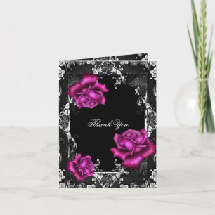 Thank You Card Pink Roses Black Silver
