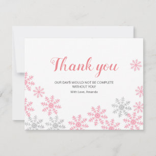 Thank you Card Pink Silver Winter Snowflakes