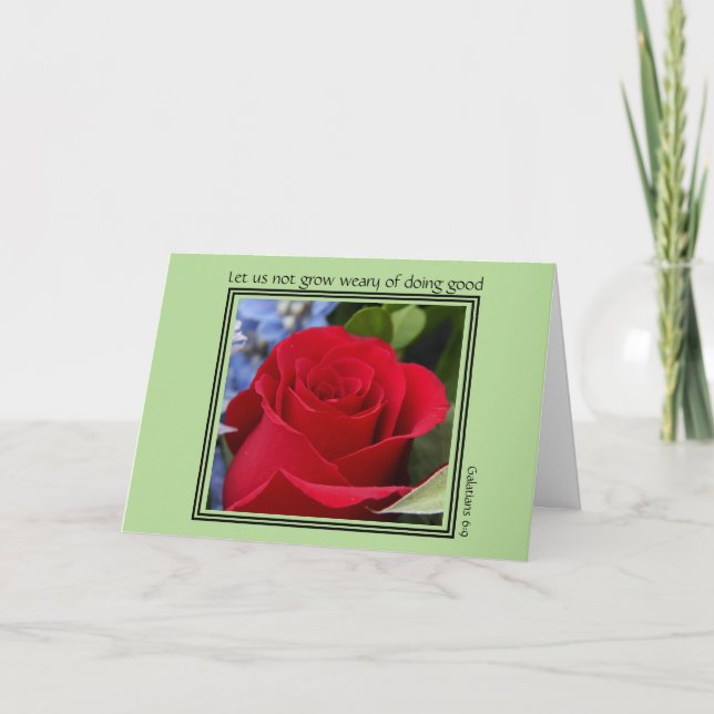 Thank you Card, Red Rose, w/ Galatians 6:9 Verse Holiday Card (Front)