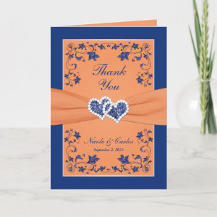 Thank You Card Royal Blue Orange, Floral, Hearts