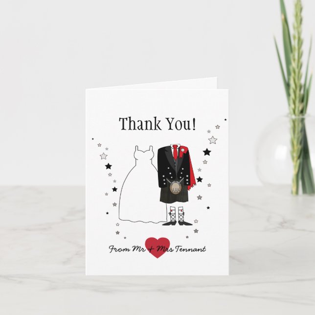 Thank You Card Scottish Bride & Groom kilt - red (Front)