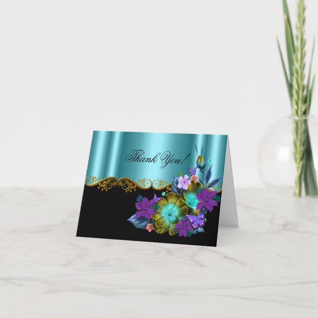 Thank You Card Teal Blue Black Gold Purple Floral (Front)