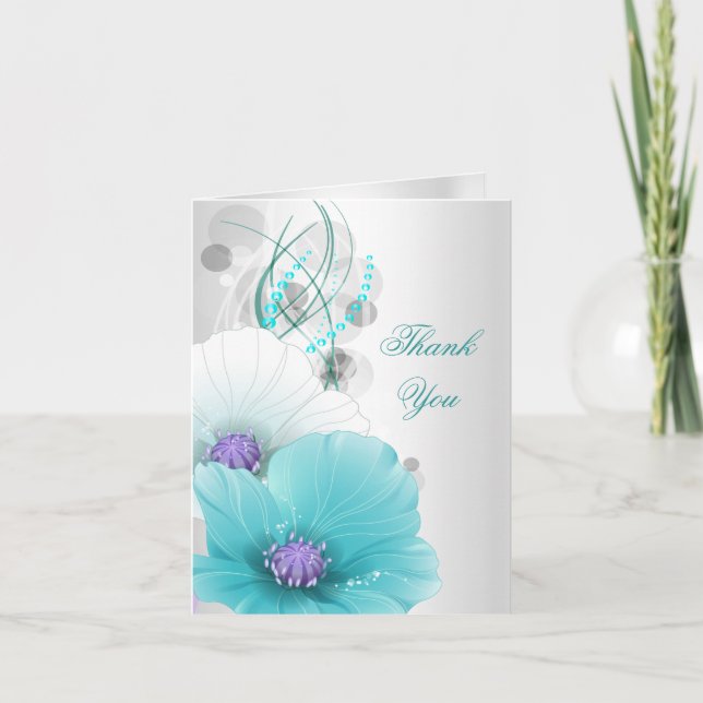 Thank You Card Teal Blue Purple White Poppies (Front)