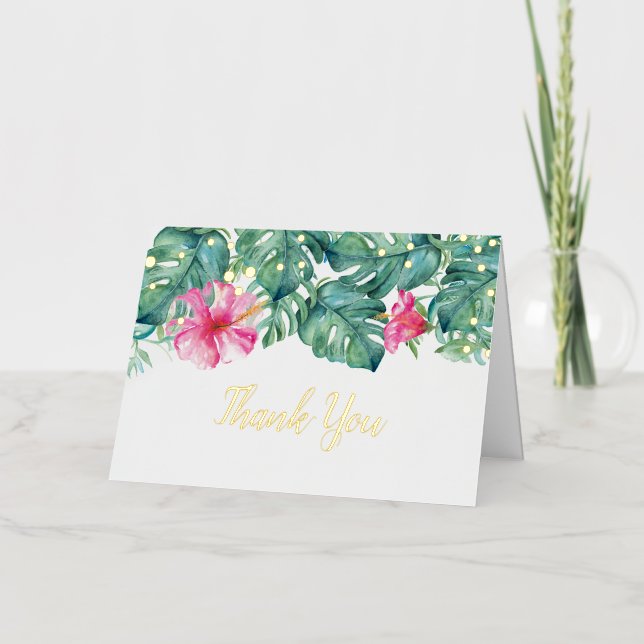 Thank You Card Tropical Leaves Pink Florals (Front)