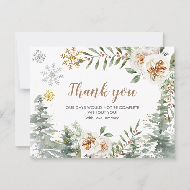 Thank you Card Winter White Floral Pine Trees Gold (Front)