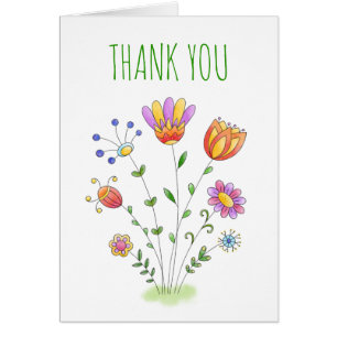 Thank You Card With Hand Drawn Doodle Flowers