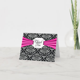 Thank You Cards Black White Hot Pink Ribbon Damask