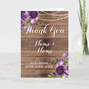 Thank You Cards Purple Wood Flowers Lights Wedding